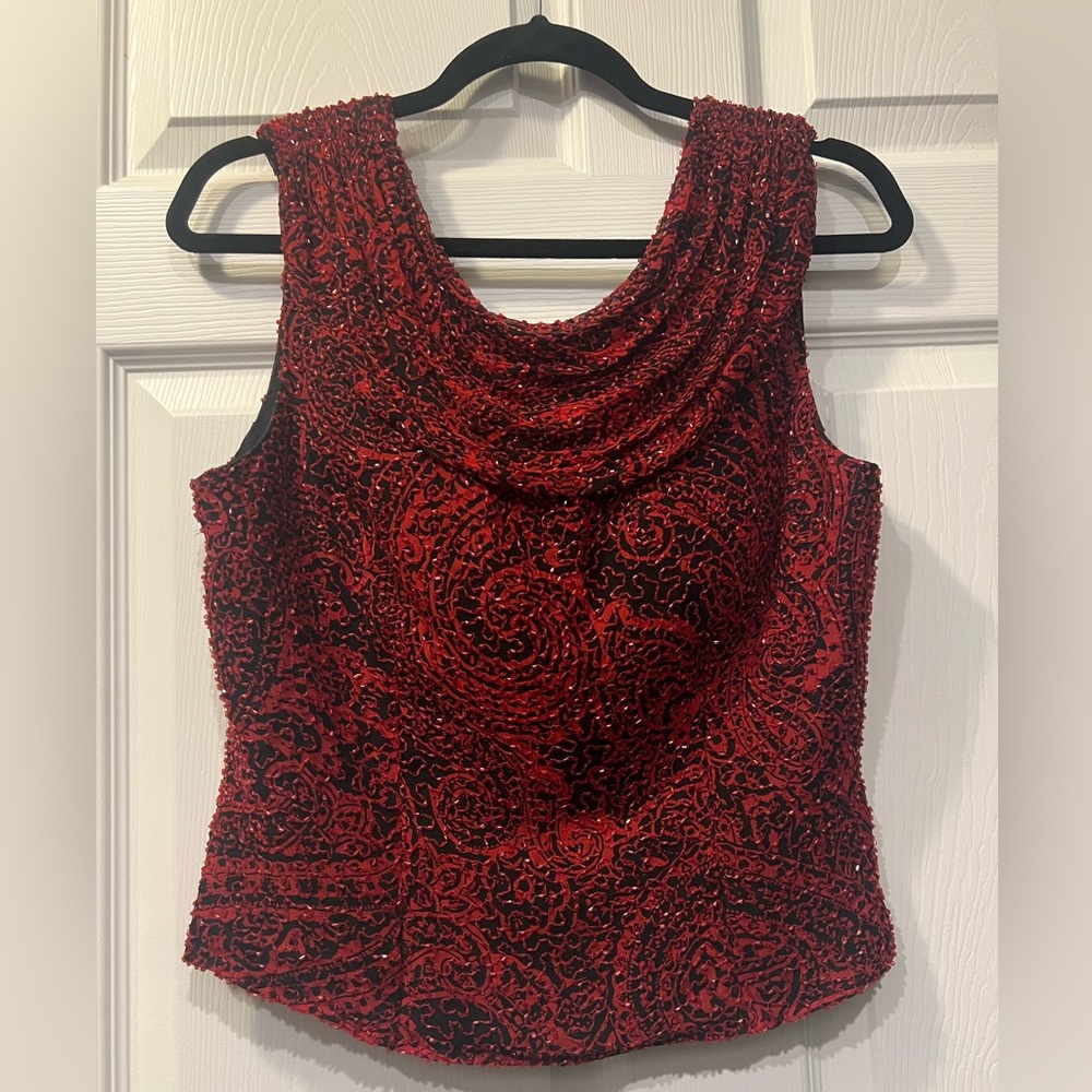 Vintage Andretta Donatello Beaded Formal Red and Black Silk Top Size Large